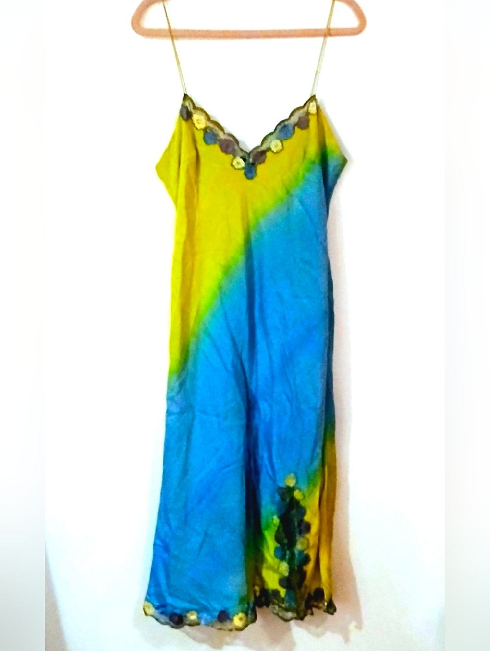 Vintage Betsey Johnson Silk slip dress floral applique 90s ombre blue size 12